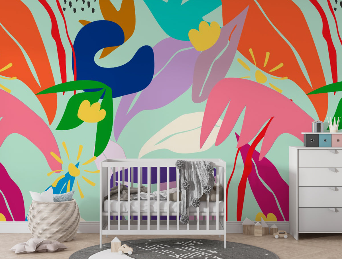 Tropical Pop Floral Wallpaper : Bright Abstract Leaves Mural - View 3