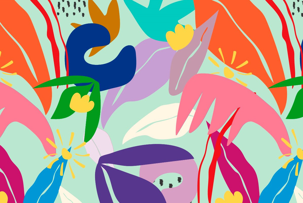Tropical Pop Floral Wallpaper : Bright Abstract Leaves Mural - flat design