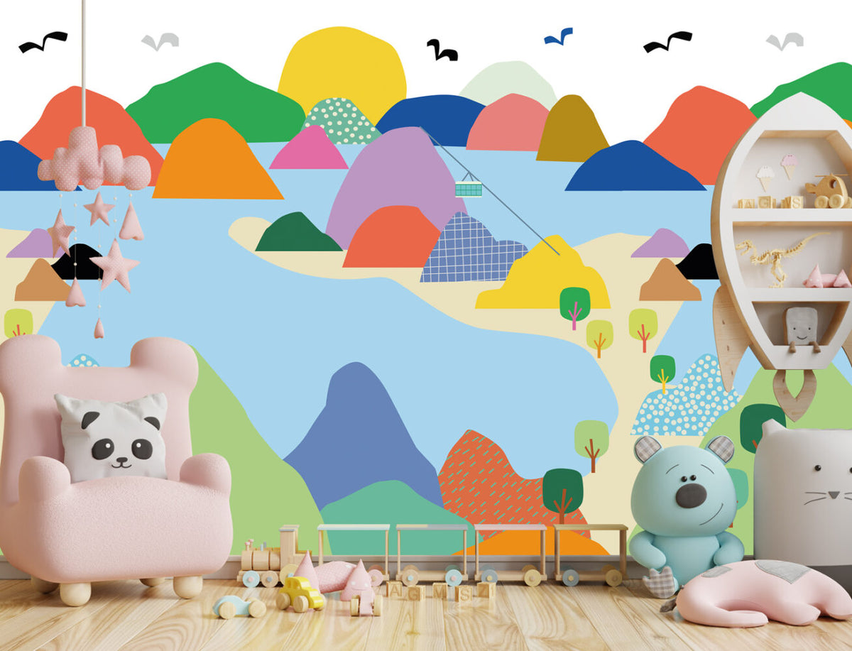 Colourful Mountain Lake Wallpaper : Illustrated Kids Landscape Mural - View 3