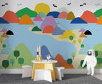 Colourful Mountain Lake Wallpaper : Illustrated Kids Landscape Mural - View 2