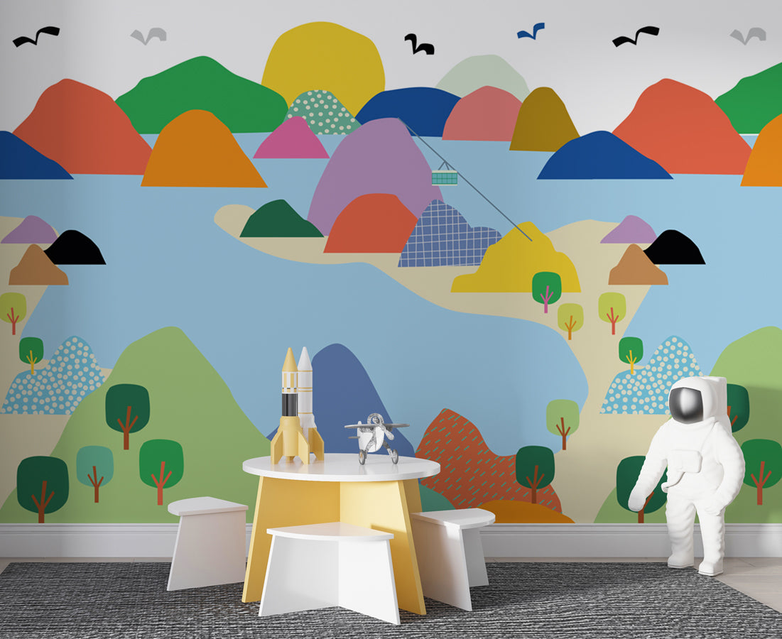 Colourful Mountain Lake Wallpaper : Illustrated Kids Landscape Mural - View 2