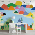 Colourful Mountain Lake Wallpaper : Illustrated Kids Landscape Mural