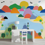 Colourful Mountain Lake Wallpaper : Illustrated Kids Landscape Mural