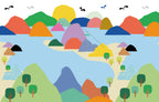 Colourful Mountain Lake Wallpaper : Illustrated Kids Landscape Mural - flat design