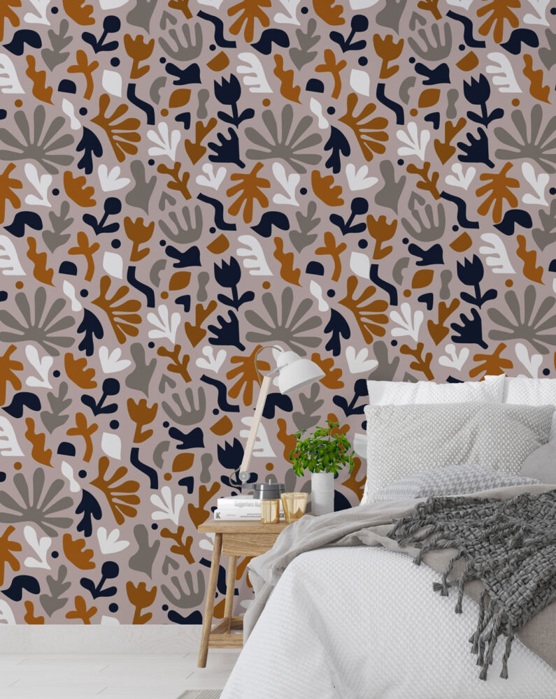 Cutout Floral Wallpaper : Navy and Rust Botanical Shapes Pattern