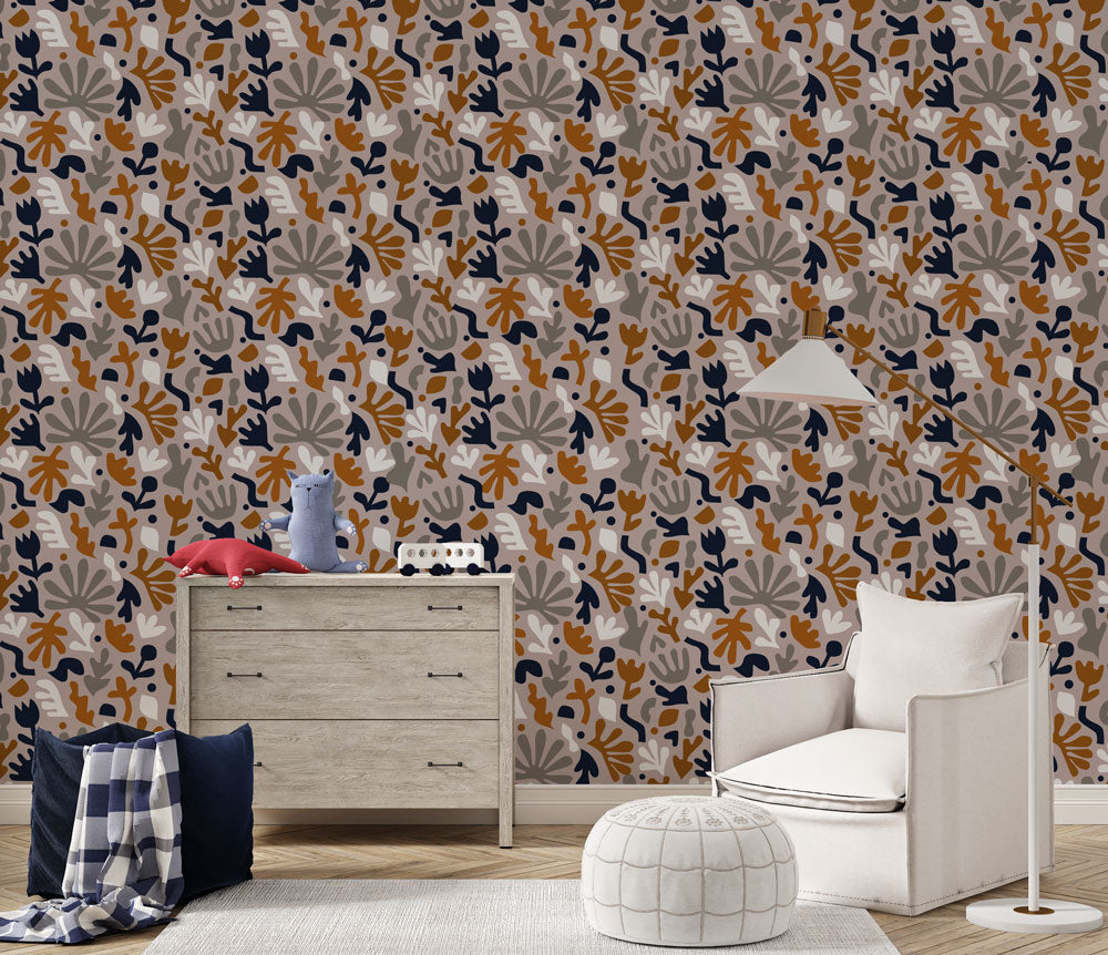 Cutout Floral Wallpaper : Navy and Rust Botanical Shapes Pattern - View 3