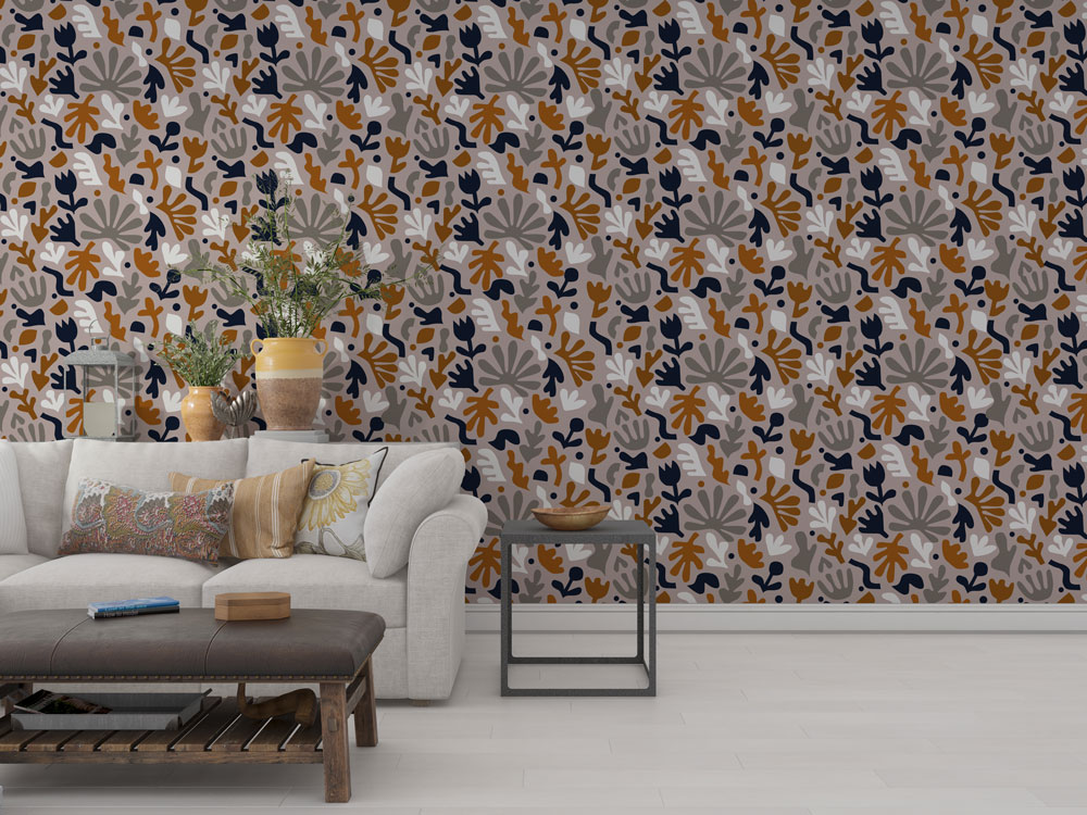 Cutout Floral Wallpaper : Navy and Rust Botanical Shapes Pattern - View 2