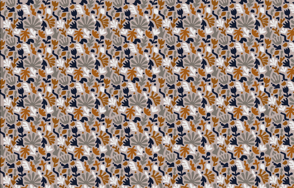 Cutout Floral Wallpaper : Navy and Rust Botanical Shapes Pattern - flat design