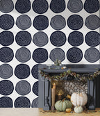 Navy Boho Circles Wallpaper : Dotted Ring Pattern