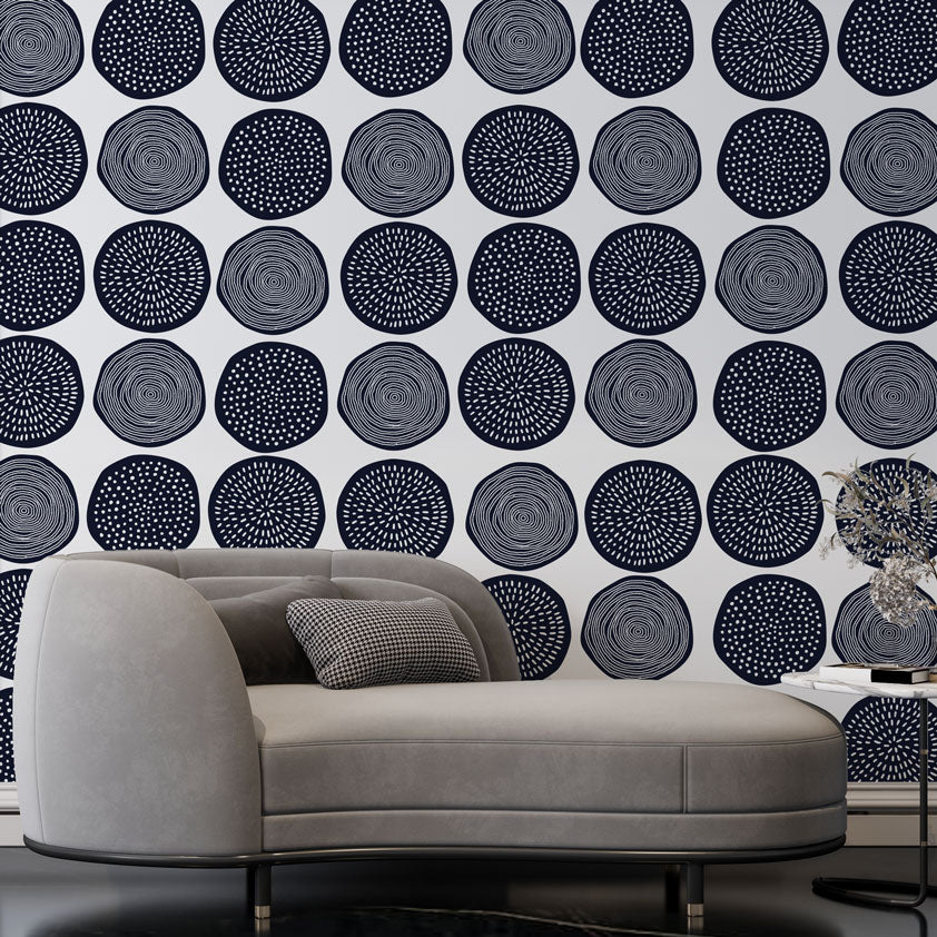Navy Boho Circles Wallpaper : Dotted Ring Pattern - View 3