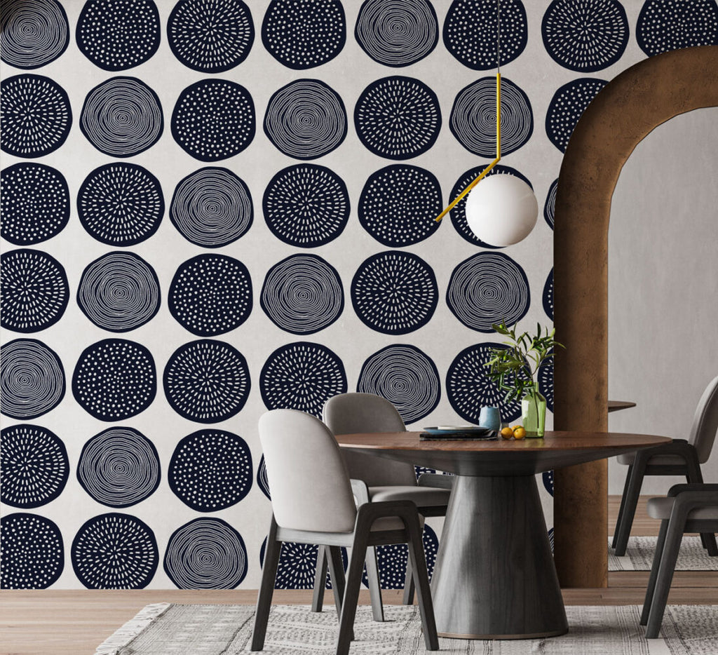 Navy Boho Circles Wallpaper : Dotted Ring Pattern - View 2