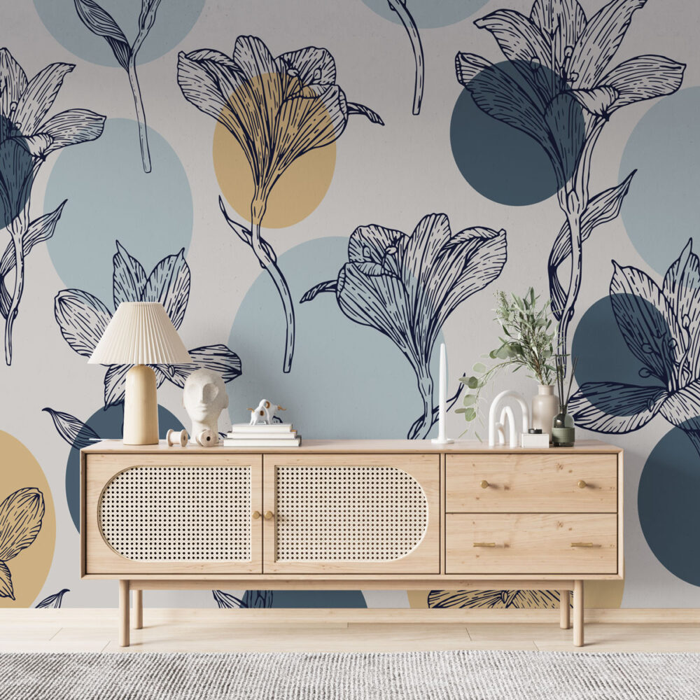 Blue Lily Line Art Wallpaper : Navy Floral Sketch Pattern - View 3