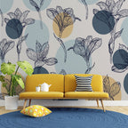 Blue Lily Line Art Wallpaper : Navy Floral Sketch Pattern - View 2
