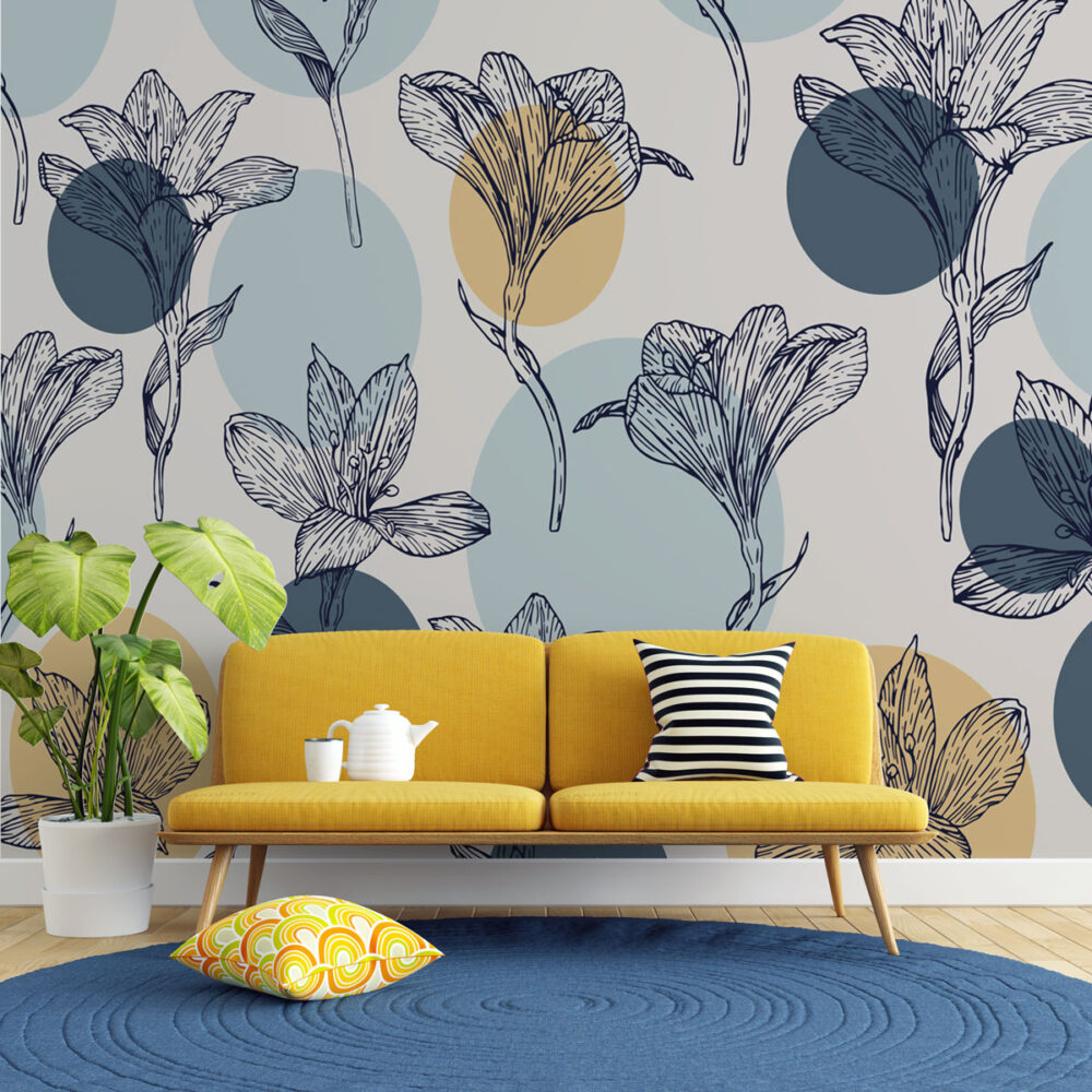 Blue Lily Line Art Wallpaper : Navy Floral Sketch Pattern - View 2