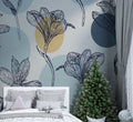 Blue Lily Line Art Wallpaper : Navy Floral Sketch Pattern