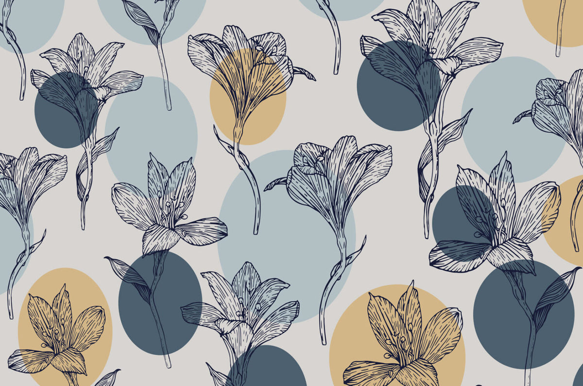 Blue Lily Line Art Wallpaper : Navy Floral Sketch Pattern - flat design