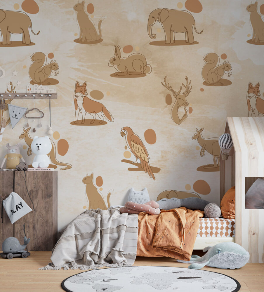 Safari Animals Line Art Wallpaper : Tan Sketch Animal Pattern - View 2