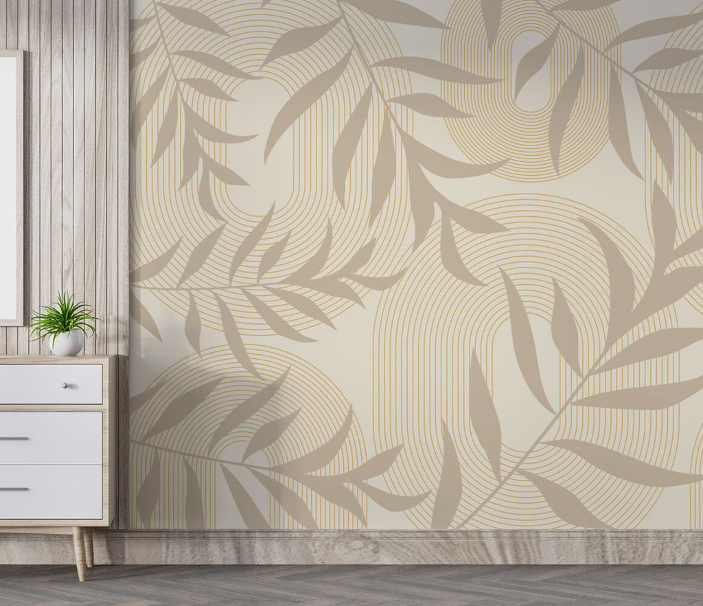 Beige Leaves Wallpaper : Soft Arch Botanical Pattern - View 3