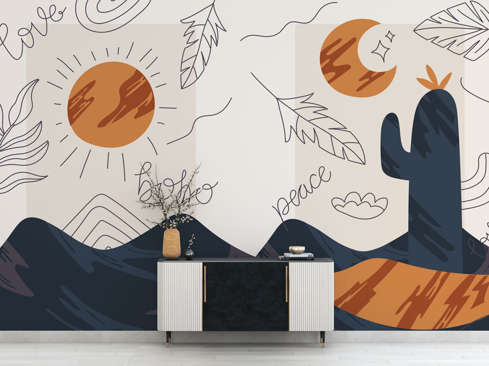 Boho Sun and Moon Wallpaper : Desert Mountains Line Art Mural