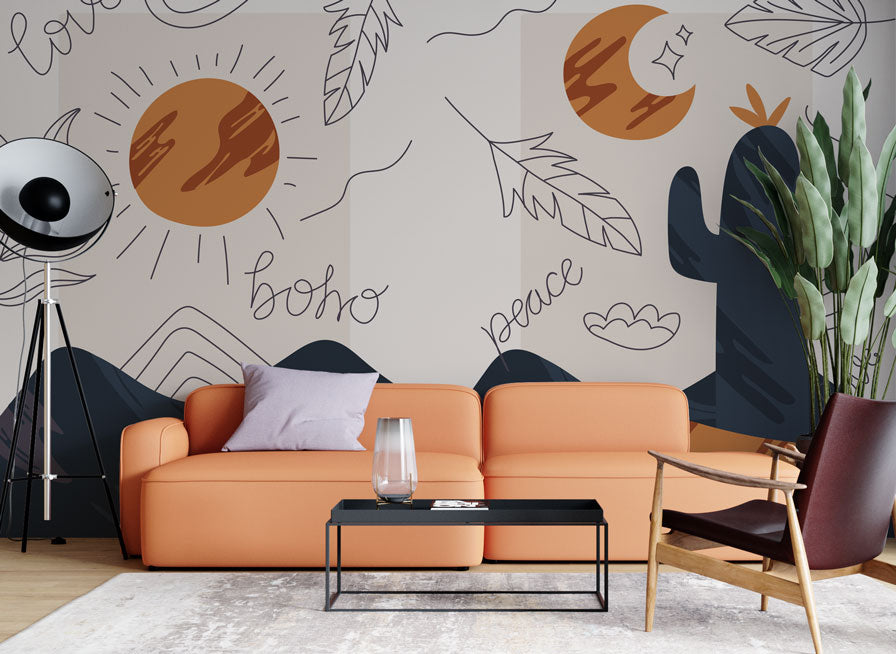 Boho Sun and Moon Wallpaper : Desert Mountains Line Art Mural - View 2