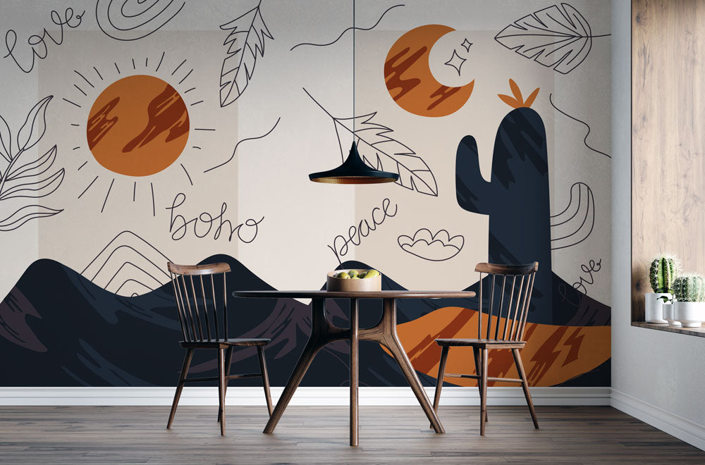 Boho Sun and Moon Wallpaper : Desert Mountains Line Art Mural - View 3