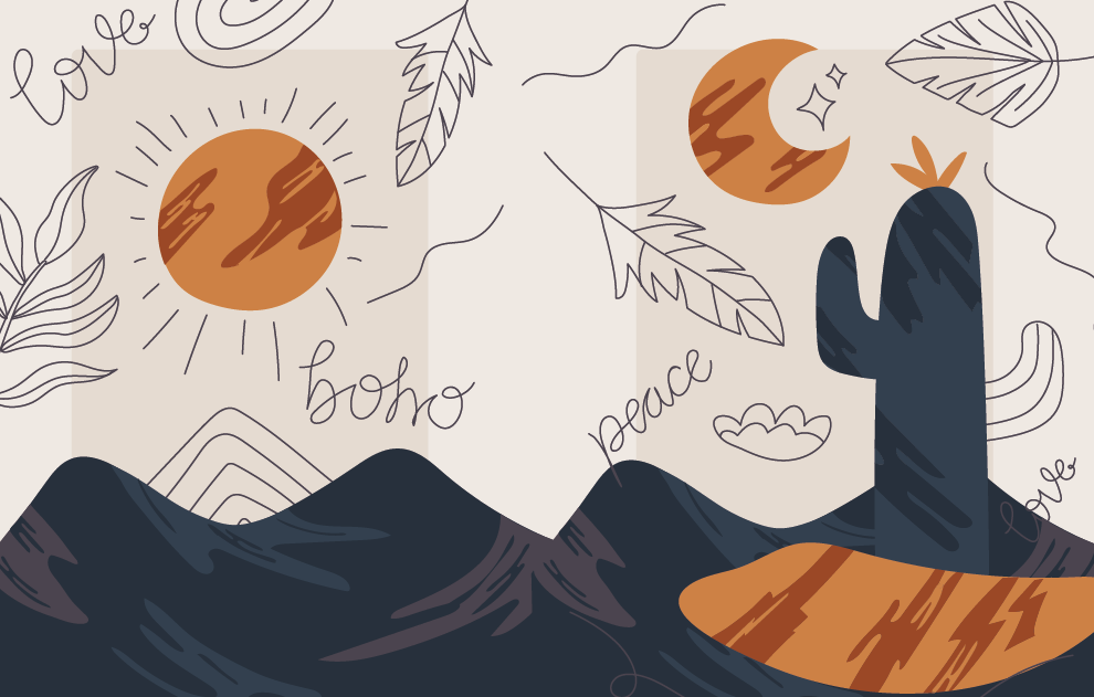 Boho Sun and Moon Wallpaper : Desert Mountains Line Art Mural - flat design