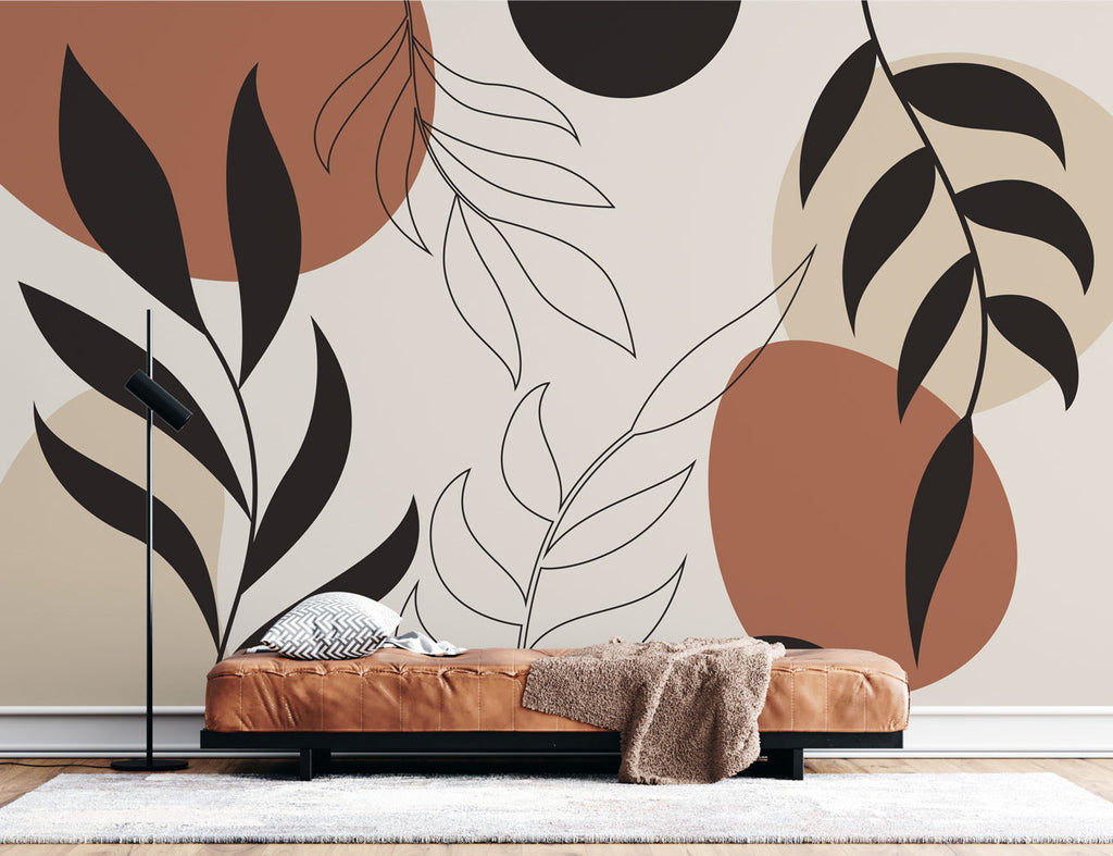 Boho Leaf Line Art Wallpaper : Terracotta and Black Botanical Mural