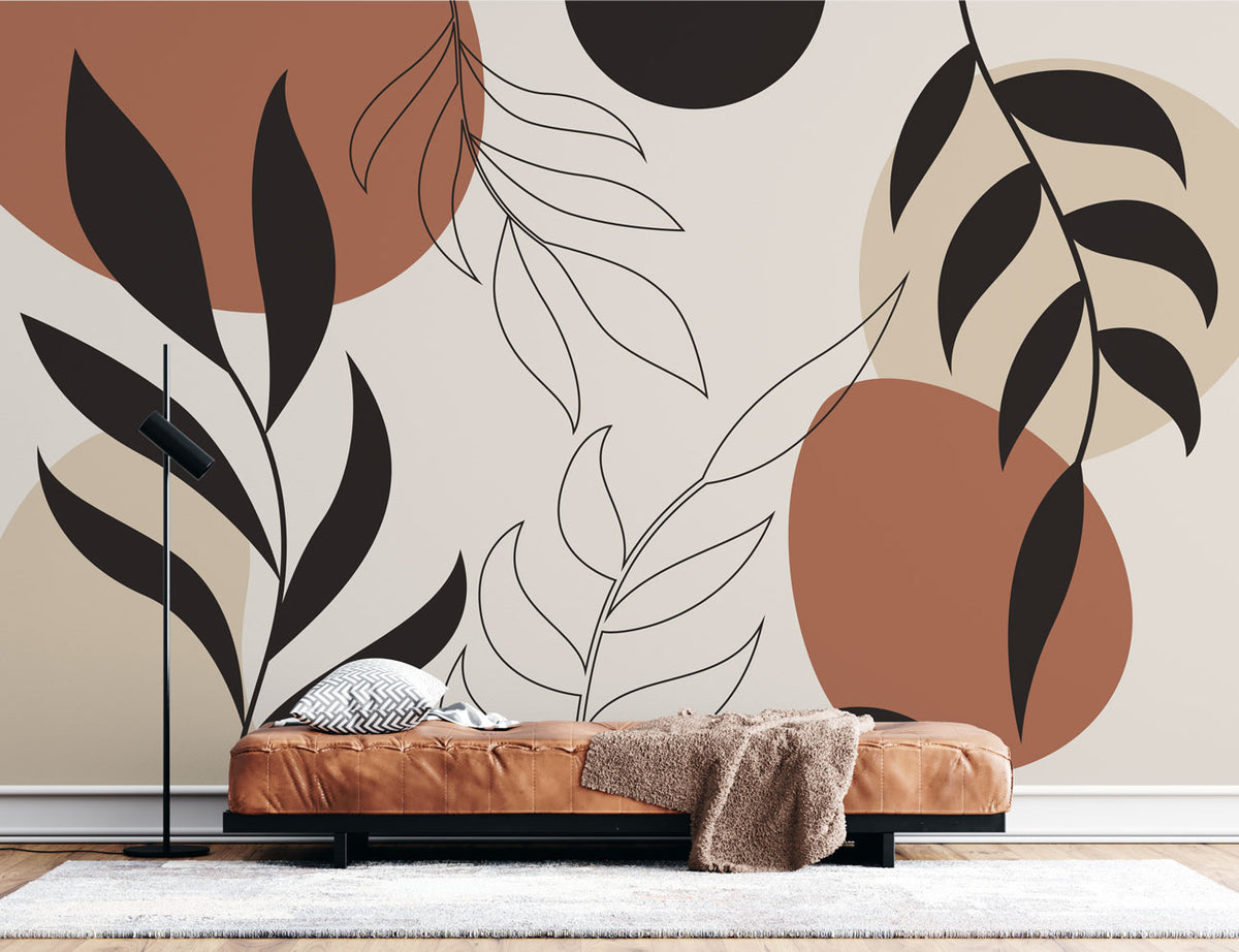 Boho Leaf Line Art Wallpaper : Terracotta and Black Botanical Mural