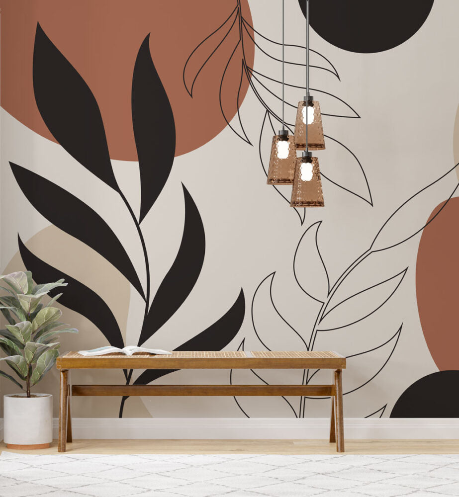 Boho Leaf Line Art Wallpaper : Terracotta and Black Botanical Mural - View 2