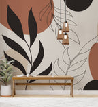 Boho Leaf Line Art Wallpaper : Terracotta and Black Botanical Mural - View 2
