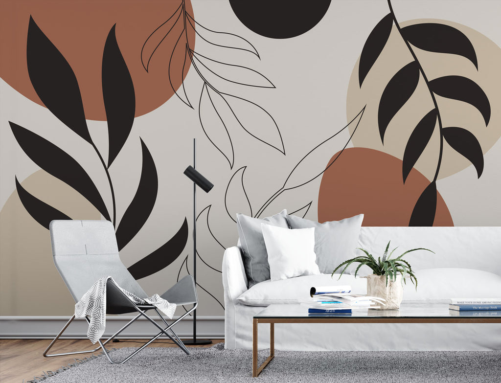 Boho Leaf Line Art Wallpaper : Terracotta and Black Botanical Mural - View 3