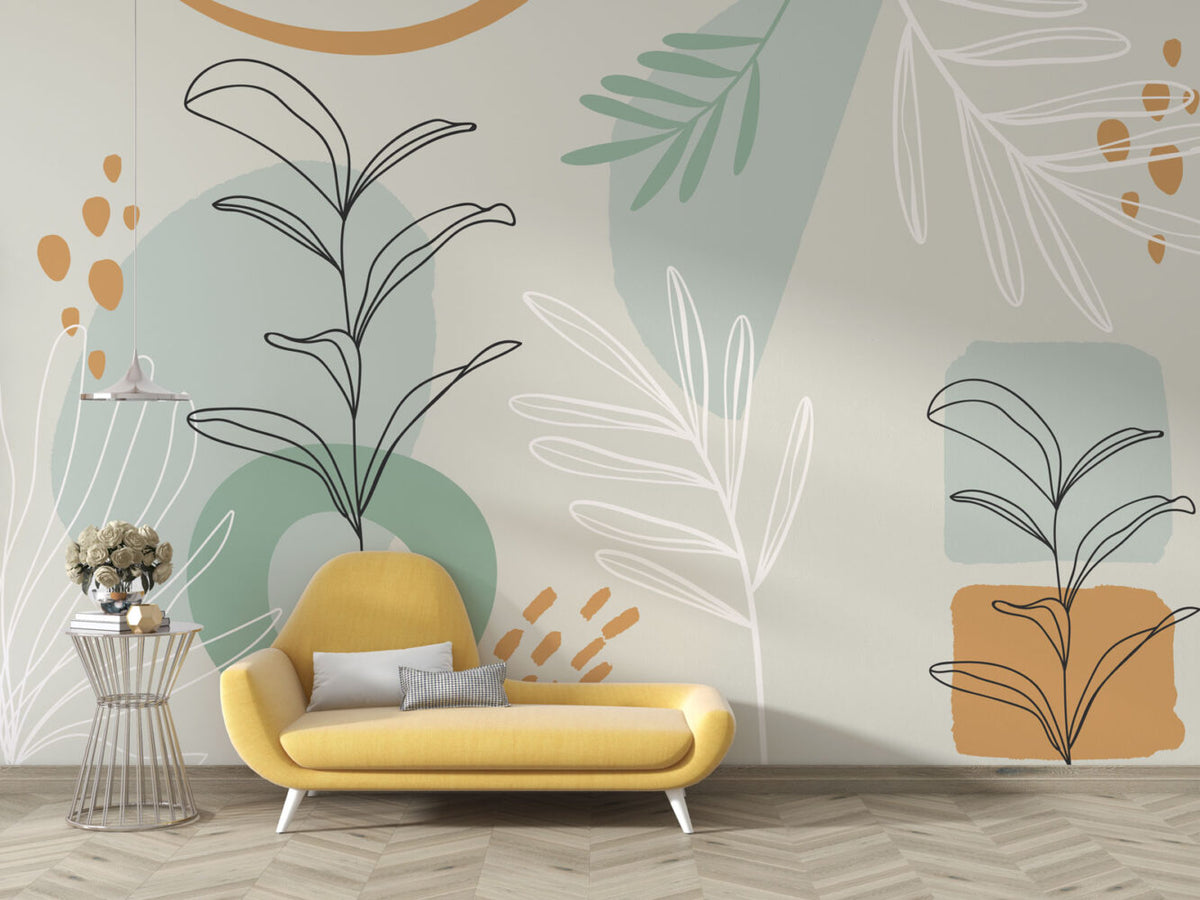 Sage Minimalist Leaves Wallpaper : Soft Botanical Shapes Mural