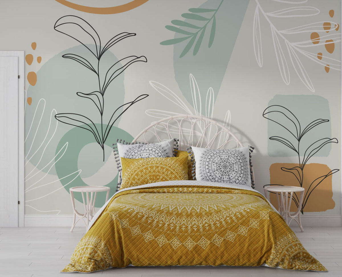 Sage Minimalist Leaves Wallpaper : Soft Botanical Shapes Mural - View 3
