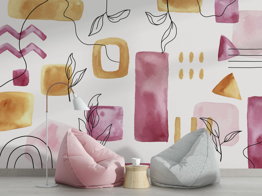 Watercolor Shapes Wallpaper : Pink and Mustard Botanical Mural