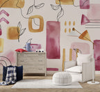 Watercolor Shapes Wallpaper : Pink and Mustard Botanical Mural - View 2
