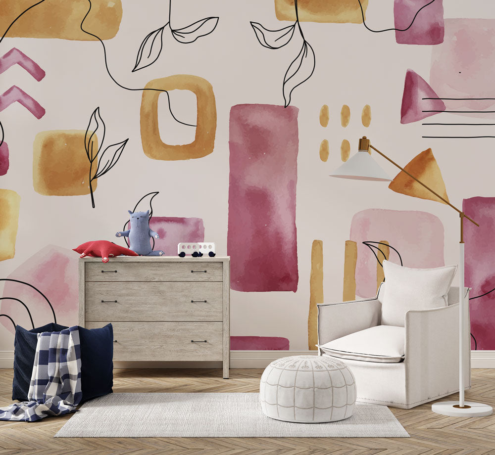 Watercolor Shapes Wallpaper : Pink and Mustard Botanical Mural - View 2