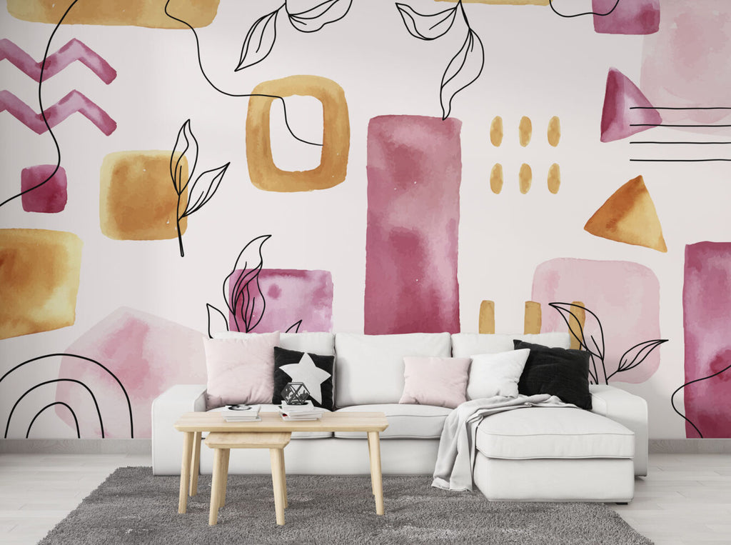 Watercolor Shapes Wallpaper : Pink and Mustard Botanical Mural - View 3