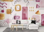 Watercolor Shapes Wallpaper : Pink and Mustard Botanical Mural - View 3