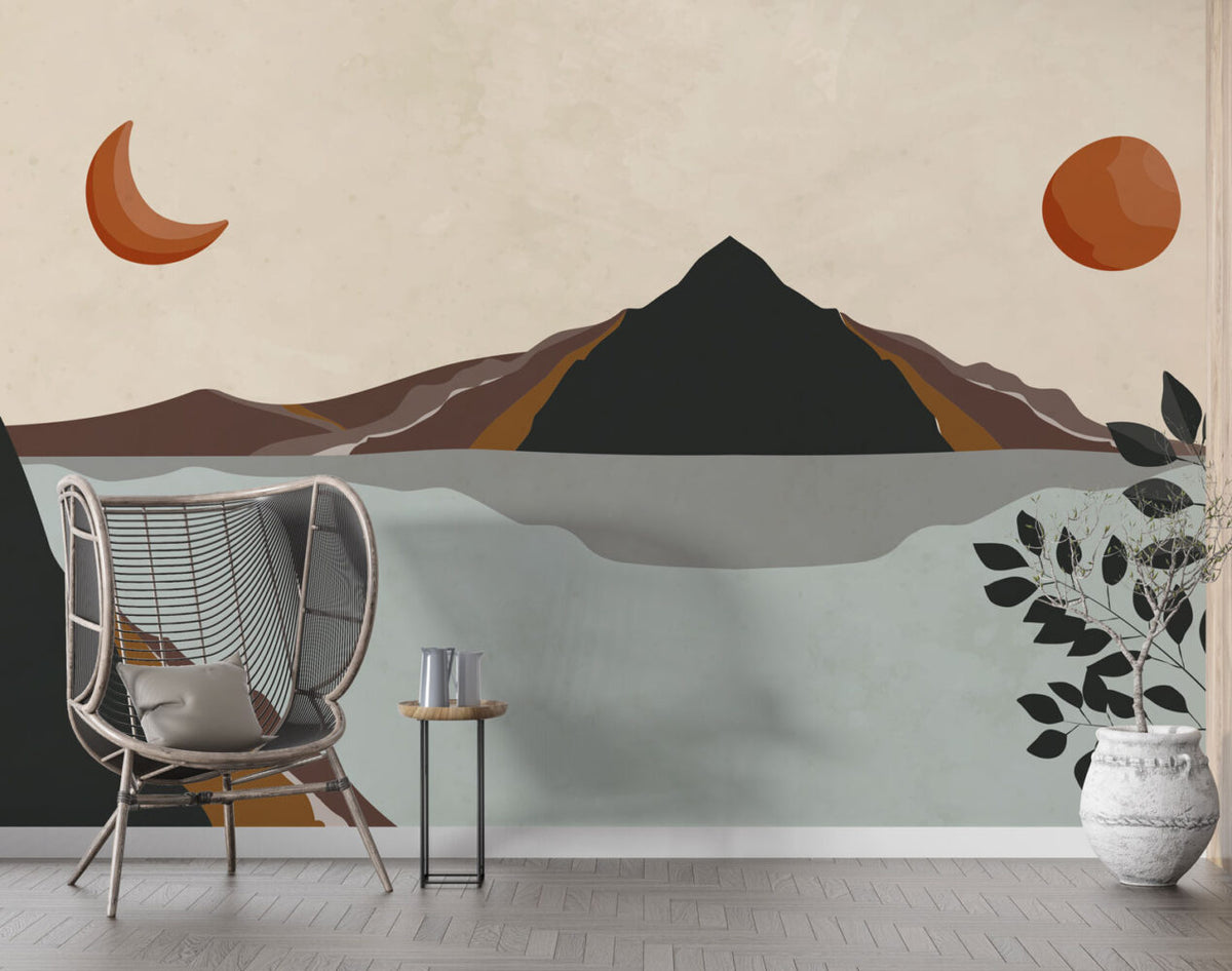 Boho Mountain Lake Wallpaper : Moon and Sun Landscape Mural - View 2