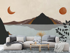 Boho Mountain Lake Wallpaper : Moon and Sun Landscape Mural - View 3