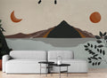 Boho Mountain Lake Wallpaper : Moon and Sun Landscape Mural
