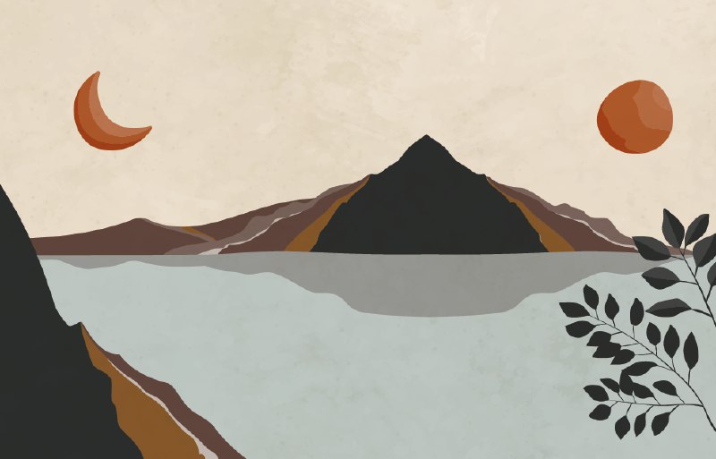 Boho Mountain Lake Wallpaper : Moon and Sun Landscape Mural - flat design