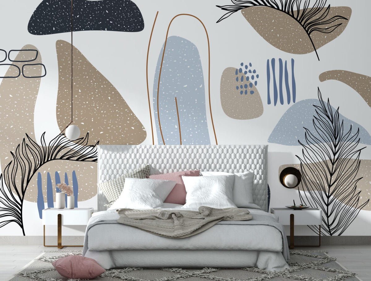 Abstract Terrazzo Shapes Wallpaper : Palm Fronds and Blobs Mural - View 3