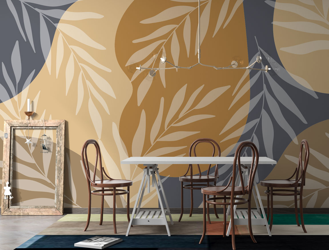 Mustard Boho Leaves Wallpaper : Slate and Ochre Fronds Mural - View 2
