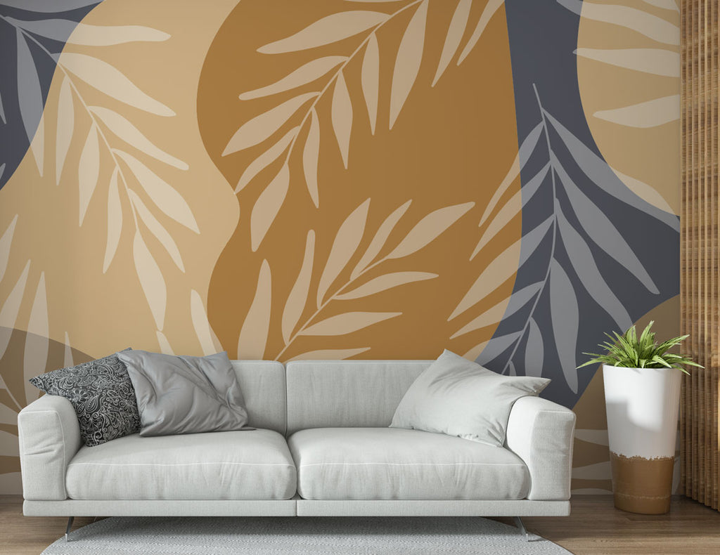 Mustard Boho Leaves Wallpaper : Slate and Ochre Fronds Mural - View 3