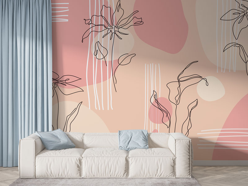 Blush Line Floral Wallpaper : Pink Abstract Botanical Mural