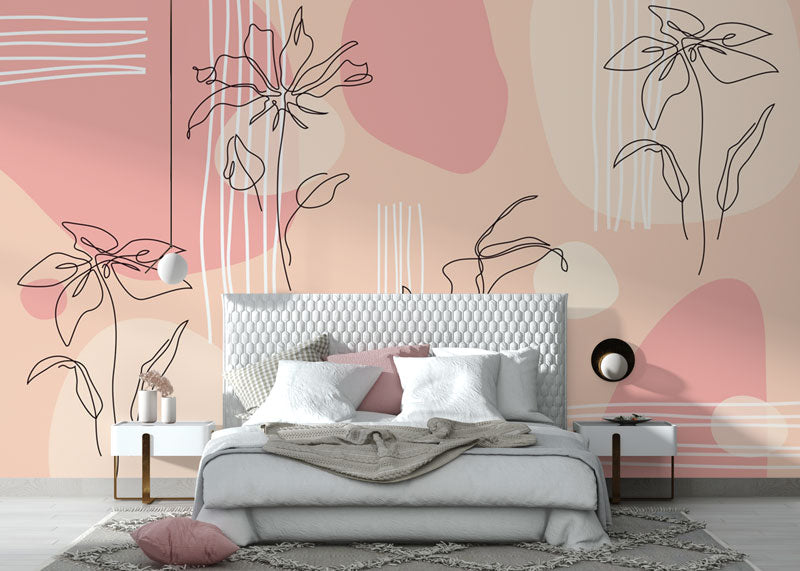 Blush Line Floral Wallpaper : Pink Abstract Botanical Mural - View 2