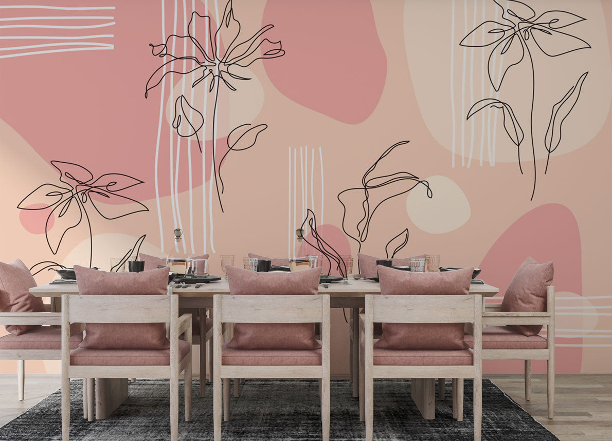 Blush Line Floral Wallpaper : Pink Abstract Botanical Mural - View 3