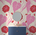 Pink and Red Floral Wallpaper : Retro Bloom and Leaf Pattern