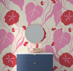 Pink and Red Floral Wallpaper : Retro Bloom and Leaf Pattern